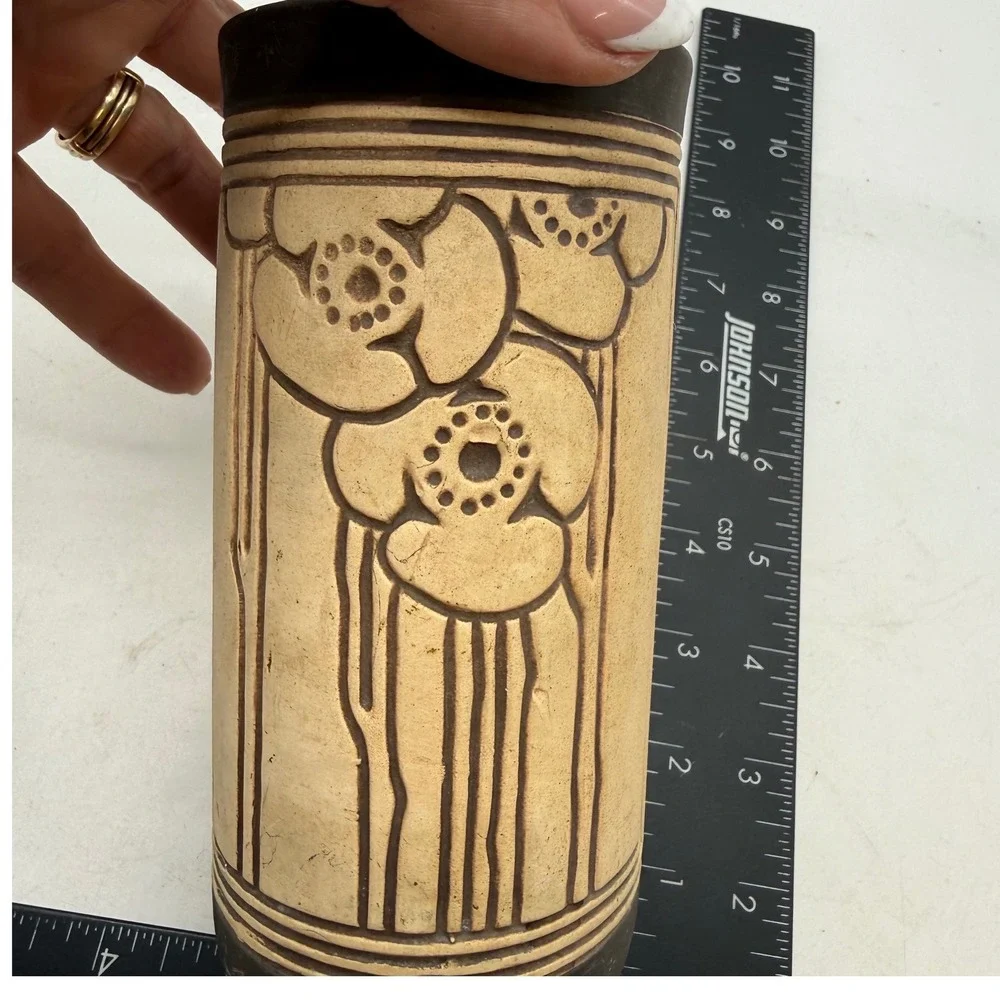 Vintage Studio Pottery Floral Relief Stoneware Cylinder Vase Beige Brown 7.5in